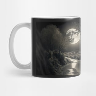 Full moon reflects over a wide tranquil serene river. Mug